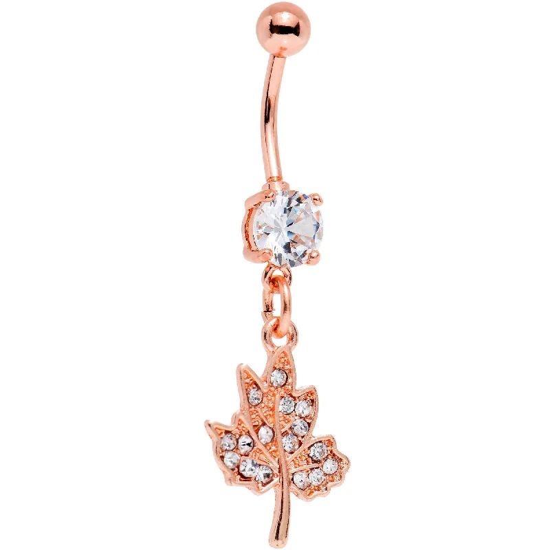Comfortable Belly Rings for Fashionista Look -Clear Gem Rose Gold PVD Maple Leaf Dangle Belly Ring Comfortable Belly Rings for Fashionista Look -Clear Gem Rose Gold PVD Maple Leaf Dangle Belly Ring
