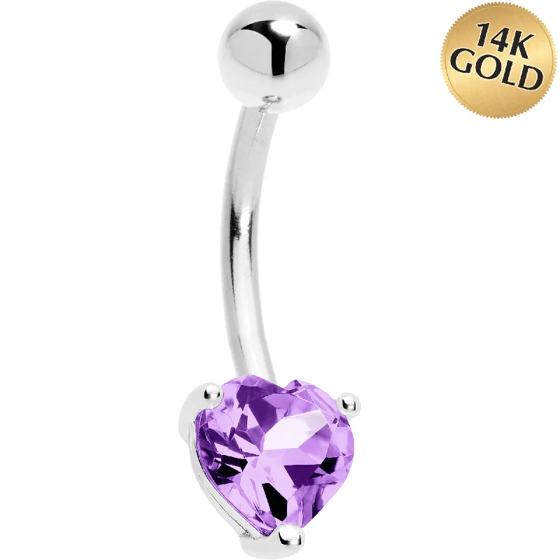 Trendy Belly Rings for Everyday Fashion -16 Gauge Solid 14KT White Gold Genuine Light Amethyst Heart Solitaire Belly Ring Trendy Belly Rings for Everyday Fashion -16 Gauge Solid 14KT White Gold Genuine Light Amethyst Heart Solitaire Belly Ring