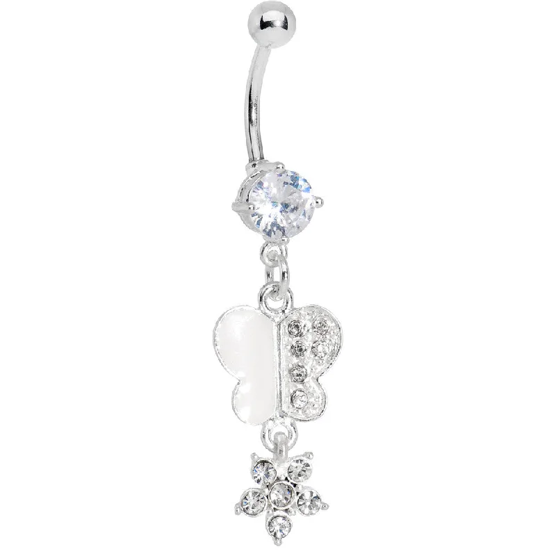 Beautiful Belly Rings for Everyday Glam -Clear Gem Paved Butterfly with Floral Dangle Belly Ring Beautiful Belly Rings for Everyday Glam -Clear Gem Paved Butterfly with Floral Dangle Belly Ring