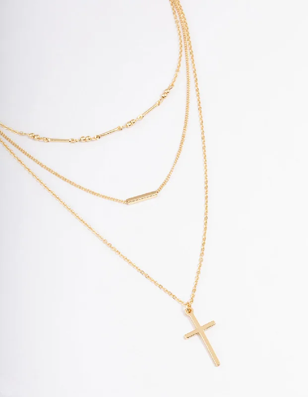 Shop Classic Women's Necklaces & Pendants with a Modern Twist-Gold Plated Layer Bar & Cross Layered Necklace Shop Classic Women's Necklaces & Pendants with a Modern Twist-Gold Plated Layer Bar & Cross Layered Necklace