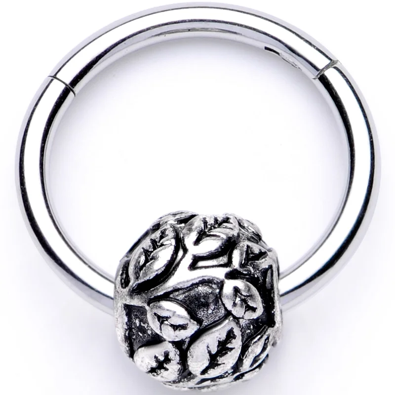Comfortable Lip Rings for Sensitive Piercings16 Gauge 3/8 Leaf Pattern Bead Hinged Segment Ring