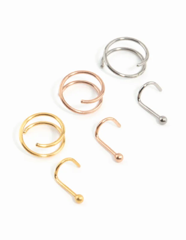 Nose Rings for Pierced Ears -Mixed Metals Titanium Nose Spiral & Nose Stud 6-Pack