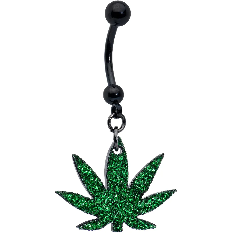 Belly Rings with Vibrant Gems for Bold Style -Green Glitter Marijuana Pot Leaf Black Dangle Belly Ring Belly Rings with Vibrant Gems for Bold Style -Green Glitter Marijuana Pot Leaf Black Dangle Belly Ring