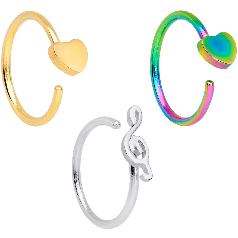 Twist Nose Rings -20 Gauge 5/16 Gold Rainbow Plated Heart Music Nose Hoop Set of 3