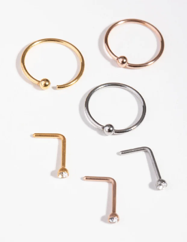 Trendy Nose Rings -5mm Ball Nose Ring 6-Pack