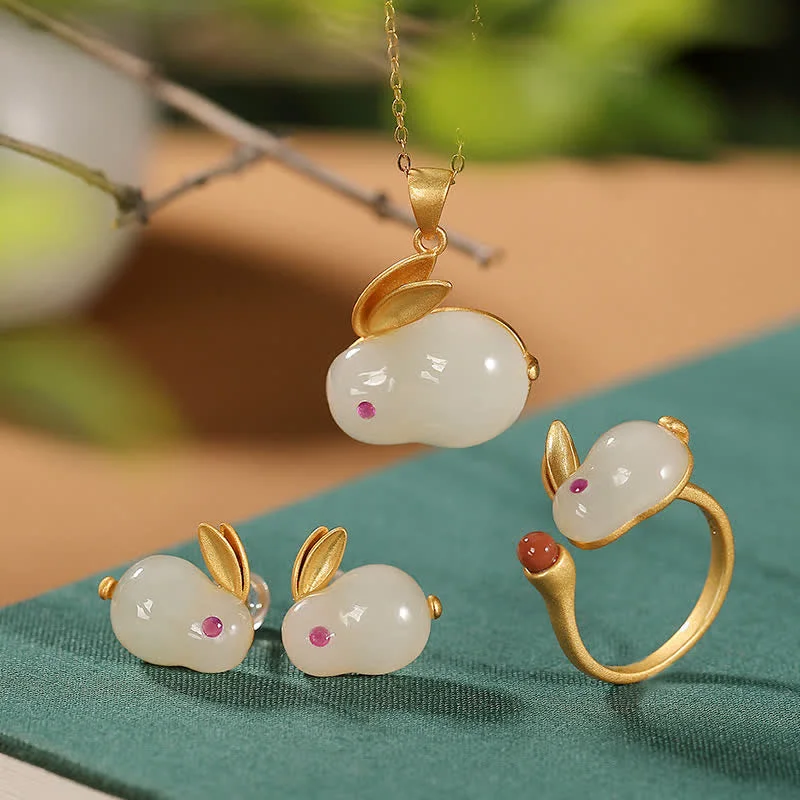 Women's Earrings – Elegant Designs for Every Personality--Buddha Stones 925 Sterling Silver Year of the Rabbit Hetian Jade Luck Ring Earrings Necklace Pendant