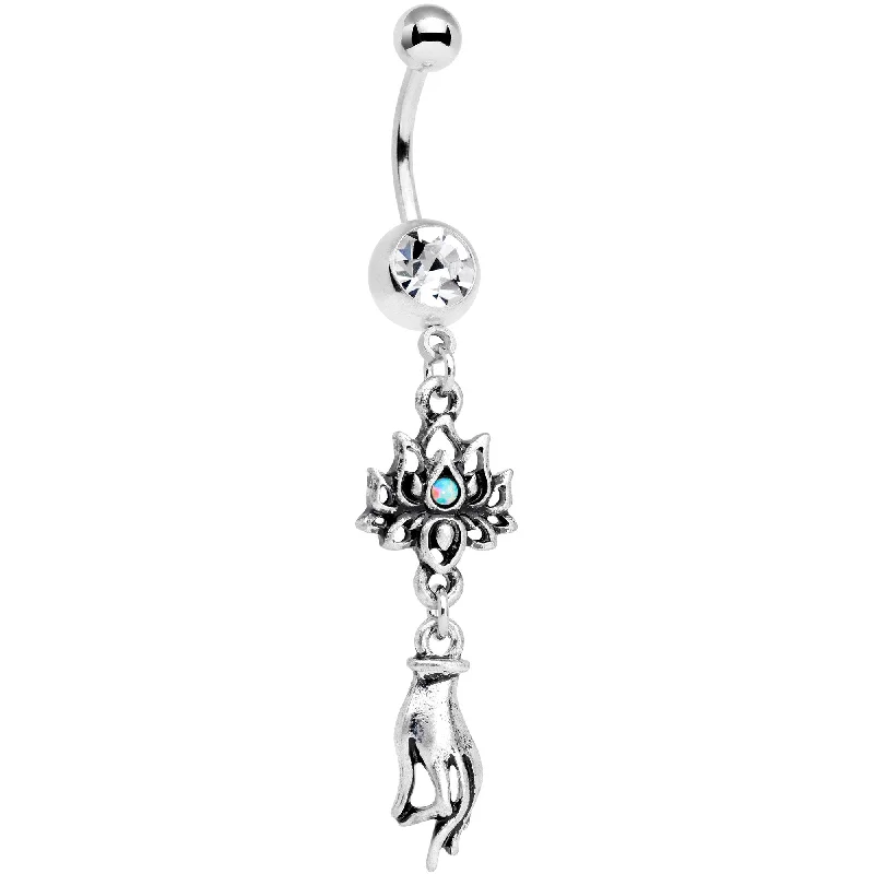 Beautiful Belly Rings with Dazzling Stones -Clear Gem Blue Synthetic Opal Sacred Symbol Lotus Flower Dangle Belly Ring Beautiful Belly Rings with Dazzling Stones -Clear Gem Blue Synthetic Opal Sacred Symbol Lotus Flower Dangle Belly Ring