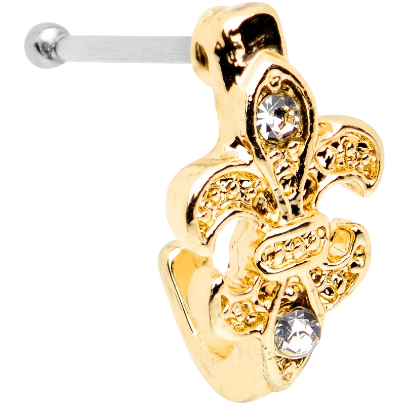 Chic Nose Rings -20 Gauge 3/8 Clear Gem Gold Tone Fleur De Lis Faux Hoop Nose Bone