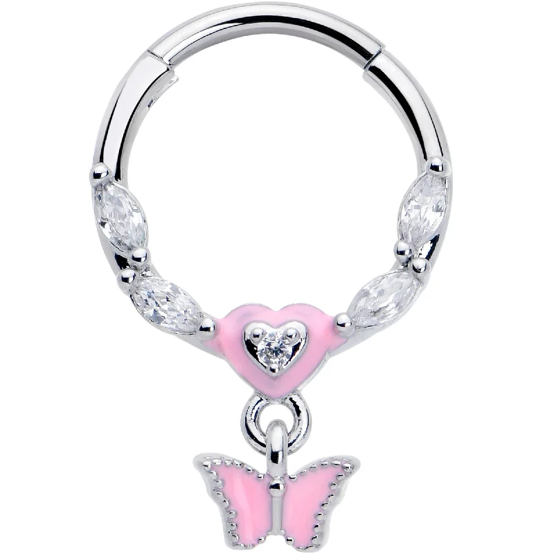 Women's Earrings – Elegant Designs for Every Personality--16 Gauge 3/8 Clear CZ Gem Luv Butterfly Pink Dangle Hinged Segment Ring Women's Earrings – Elegant Designs for Every Personality--16 Gauge 3/8 Clear CZ Gem Luv Butterfly Pink Dangle Hinged Segment Ring