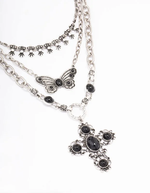Shop Classic Women's Necklaces & Pendants with a Modern Twist-Antique Silver Butterfly Cross Stone Layered Necklace Shop Classic Women's Necklaces & Pendants with a Modern Twist-Antique Silver Butterfly Cross Stone Layered Necklace