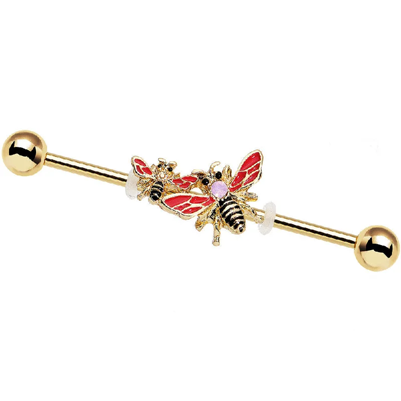 Women's Earrings – Elegant Designs for Every Personality--14 Gauge Pink Faux Opal Gold PVD Bumblebee Industrial Barbell 38mm