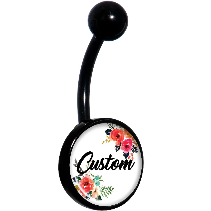 Belly Rings with Beautiful Accents -Custom Floral Personalized Name Black Belly Ring Belly Rings with Beautiful Accents -Custom Floral Personalized Name Black Belly Ring