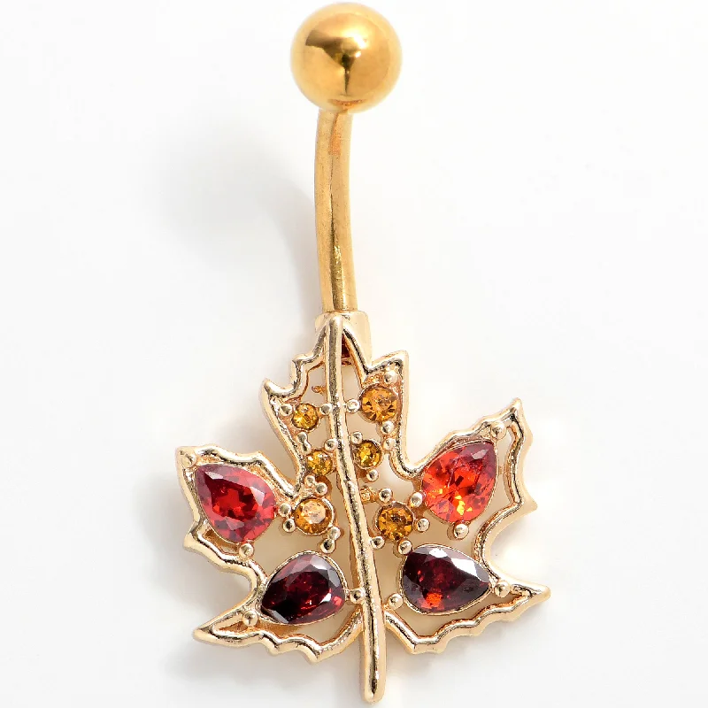Belly Rings for Everyday Wear -Red Yellow Gem Gold Tone Maple Leaf Autumn Belly Ring Belly Rings for Everyday Wear -Red Yellow Gem Gold Tone Maple Leaf Autumn Belly Ring