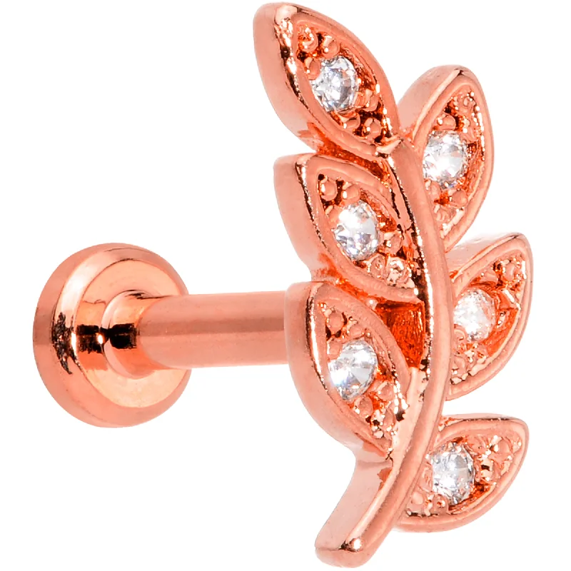 Timeless Lip Rings for Subtle Fashion16 Gauge 1/4 Clear CZ Gem Rose Gold Tone Leaf Internal Thread Labret