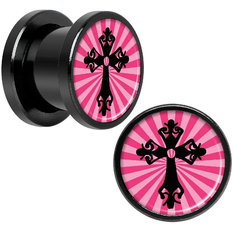 Women's Earrings – Elegant Designs for Every Personality--Pink Black Radiant Cross Black Anodized Screw Fit Plug Set 00 Gauge Women's Earrings – Elegant Designs for Every Personality--Pink Black Radiant Cross Black Anodized Screw Fit Plug Set 00 Gauge