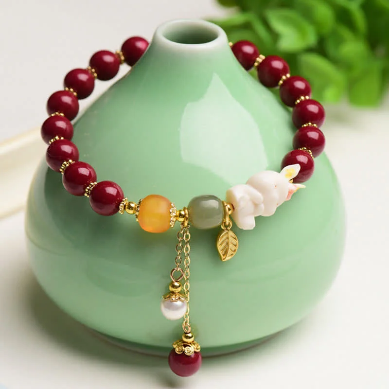 Elegant Thin Bangle Bracelets for Women-Buddha Stones Year of the Rabbit Cinnabar Hetian Jade Bunny Beaded Blessing Bracelet