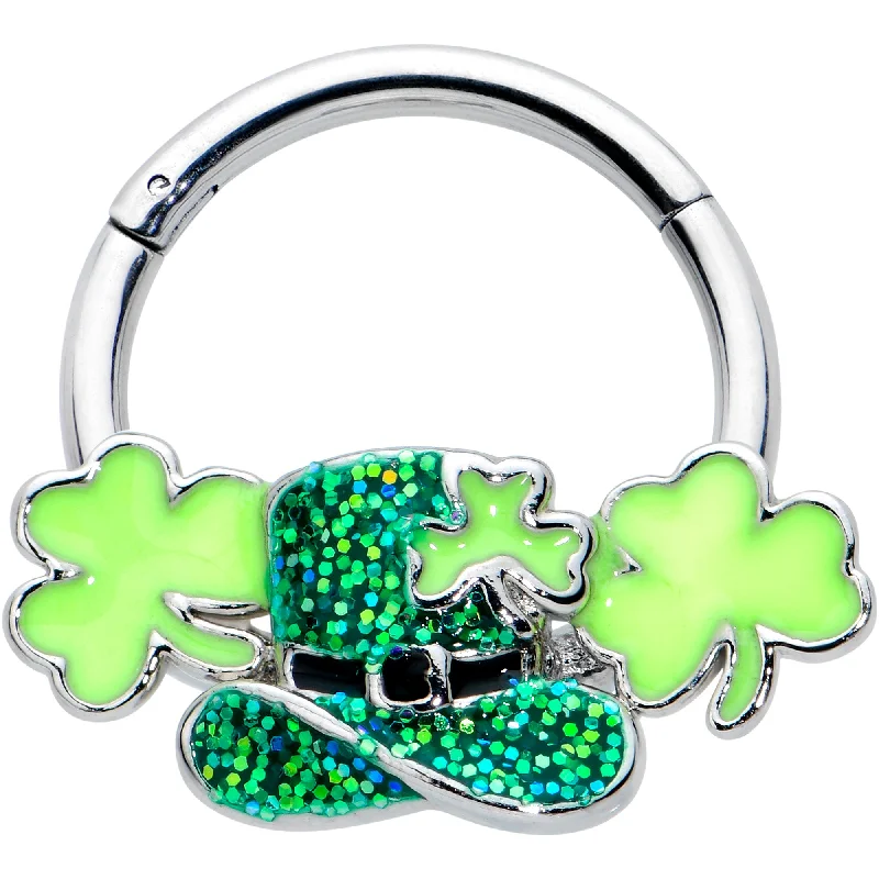 Trendy Silver Nose Rings -16 Gauge 3/8 Glitter Top Hat Shamrocks St Patricks Hinged Segment Ring Trendy Silver Nose Rings -16 Gauge 3/8 Glitter Top Hat Shamrocks St Patricks Hinged Segment Ring
