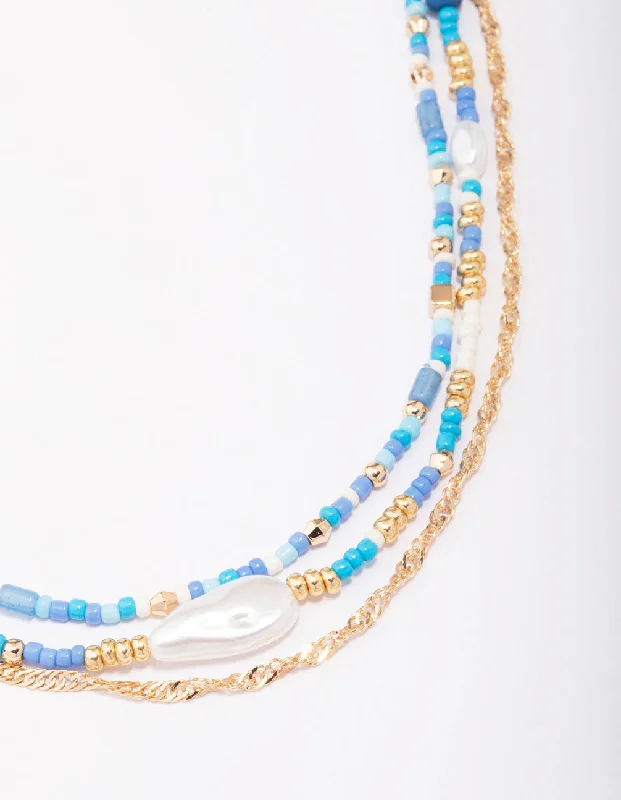 Shop Classic Women's Necklaces & Pendants with a Modern Twist-Blue Bead & Pearl Layered Choker Shop Classic Women's Necklaces & Pendants with a Modern Twist-Blue Bead & Pearl Layered Choker