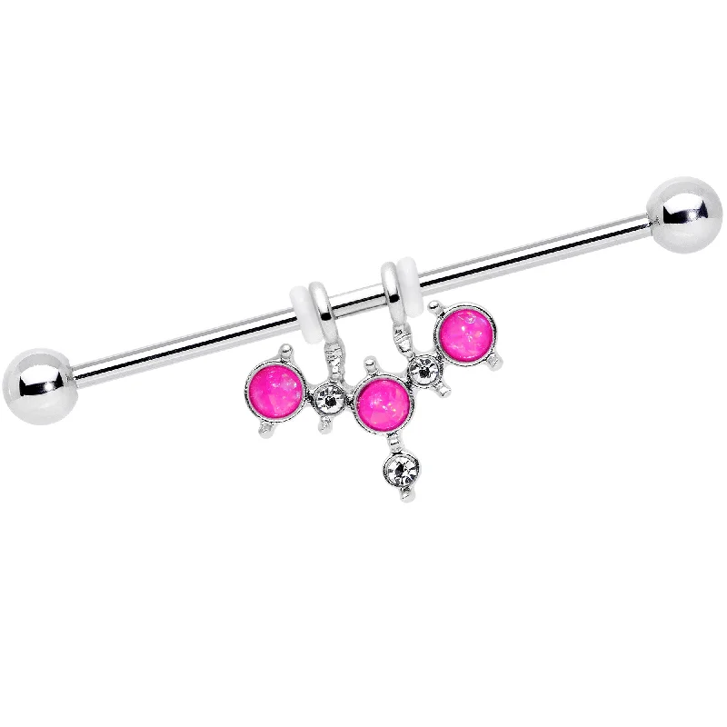 Women's Earrings – Elegant Designs for Every Personality--14 Gauge Pink Faux Opal Triad Dangle Industrial Barbell 38mm