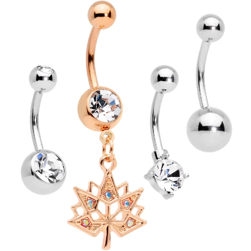 Minimalist Belly Rings for Subtle Beauty -Clear Aurora Gem Rose Gold Tone Maple Leaf Dangle Belly Ring Set of 4 Minimalist Belly Rings for Subtle Beauty -Clear Aurora Gem Rose Gold Tone Maple Leaf Dangle Belly Ring Set of 4