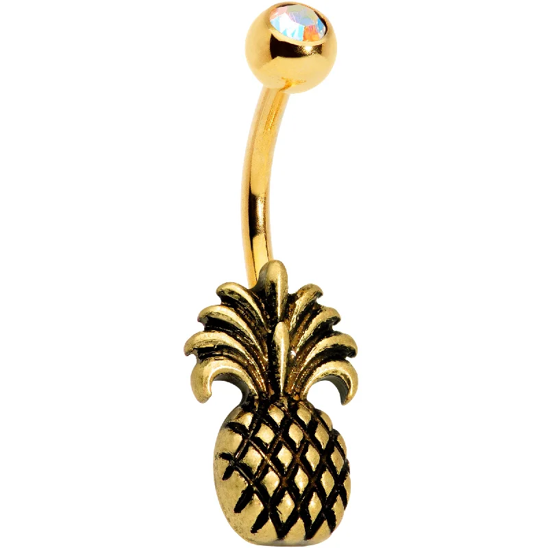 Unique Belly Rings with Glittering Stones -Gem Gold PVD Tropical Pineapple Pizzazz Belly Ring Unique Belly Rings with Glittering Stones -Gem Gold PVD Tropical Pineapple Pizzazz Belly Ring