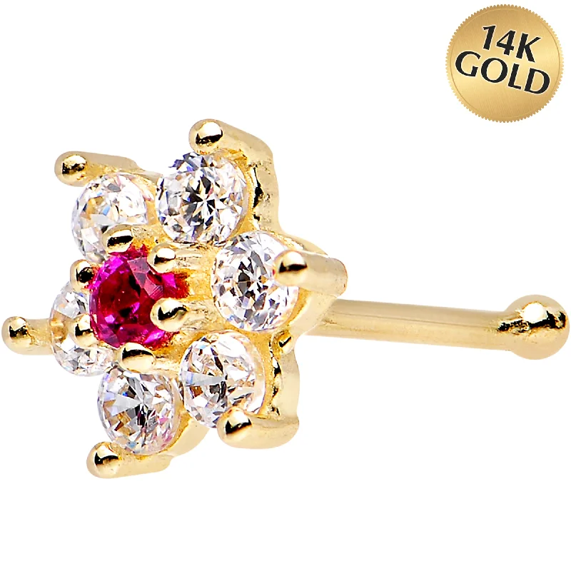 Classic Nose Rings with Simple Finish -Solid 14KT Yellow GOLD Fuchsia AND Crystalline CZ FLOWER Nose Stud Classic Nose Rings with Simple Finish -Solid 14KT Yellow GOLD Fuchsia AND Crystalline CZ FLOWER Nose Stud