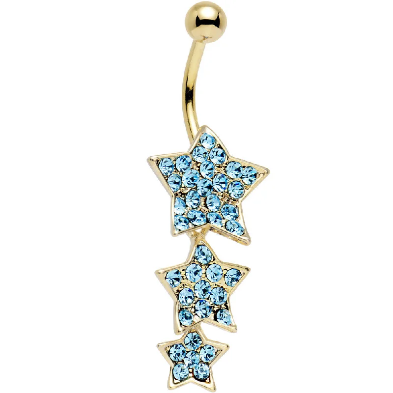 Belly Rings with Unique Stone Patterns -Aqua Gem Gold Plated Steel Triple Star Dangle Belly Ring Belly Rings with Unique Stone Patterns -Aqua Gem Gold Plated Steel Triple Star Dangle Belly Ring