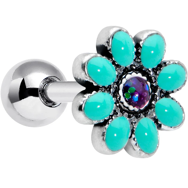 Women's Earrings – Elegant Designs for Every Personality--16 Gauge 1/4 Blue Gem Flower Teal Petals Cartilage Tragus Earring