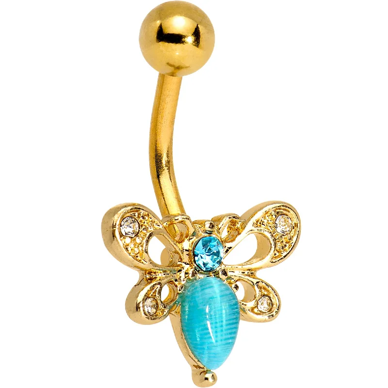 Belly Rings with Shiny Stones for Extra Glam -Aqua Gem Gold Tone Anodized Honey Butterfly Belly Ring Belly Rings with Shiny Stones for Extra Glam -Aqua Gem Gold Tone Anodized Honey Butterfly Belly Ring