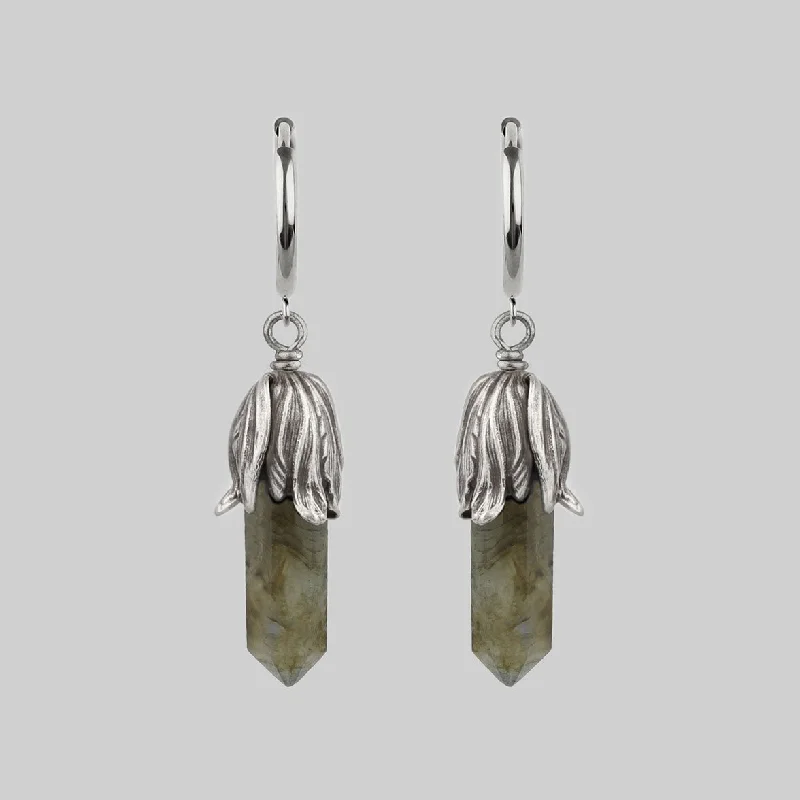 Women's Earrings – Elegant Designs for Every Personality--DEATH BLOOM. Labradorite Gemstone Hoop Earrings - Silver Women's Earrings – Elegant Designs for Every Personality--DEATH BLOOM. Labradorite Gemstone Hoop Earrings - Silver