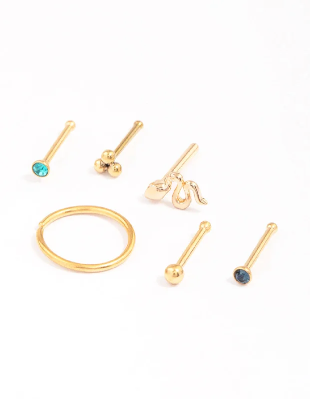 Nose Rings for Beautiful Fashion Statement -Gold Plated Surgical Steel Snake & Bezel Nose Piercing 6-Pack Nose Rings for Beautiful Fashion Statement -Gold Plated Surgical Steel Snake & Bezel Nose Piercing 6-Pack