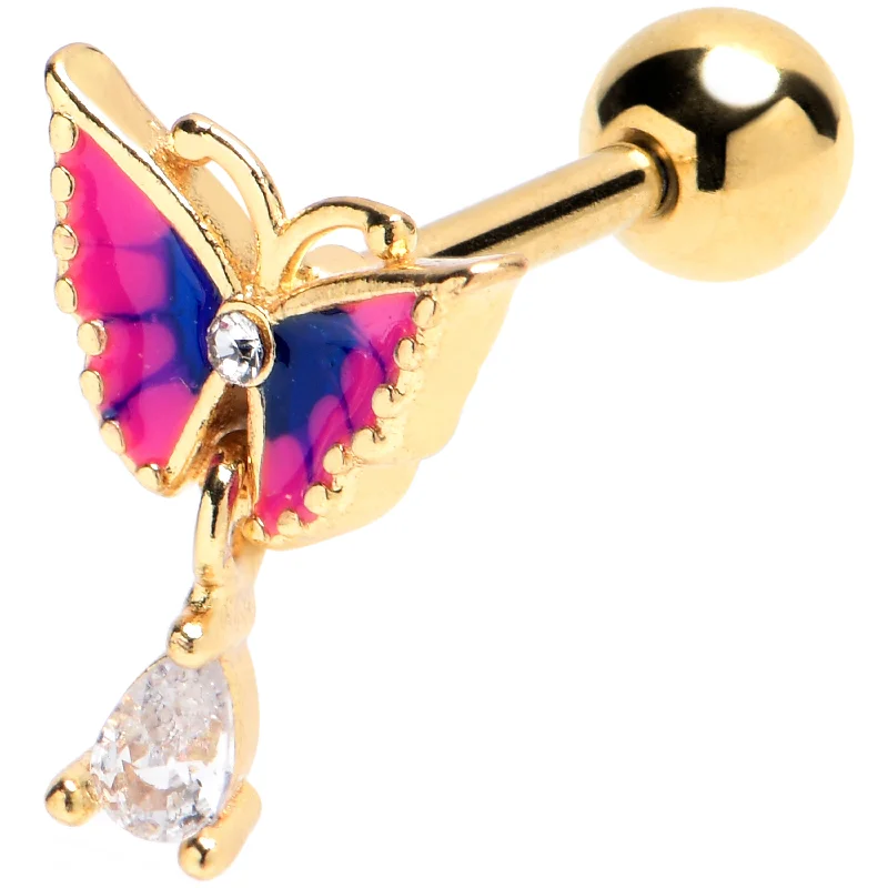 Women's Earrings – Elegant Designs for Every Personality--16 Gauge 1/4 Clear Gem Gold Tone Butterfly Pink Cartilage Tragus Earring
