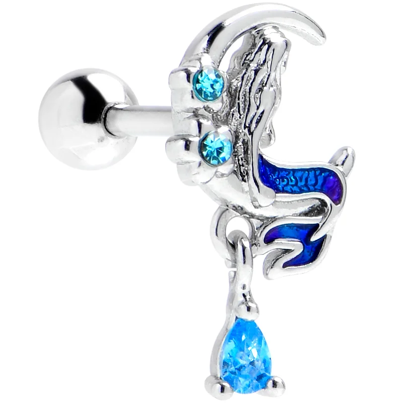 Women's Earrings – Elegant Designs for Every Personality--16 Gauge 1/4 Blue Gem Floral Mermaid Moon Dangle Cartilage Earring