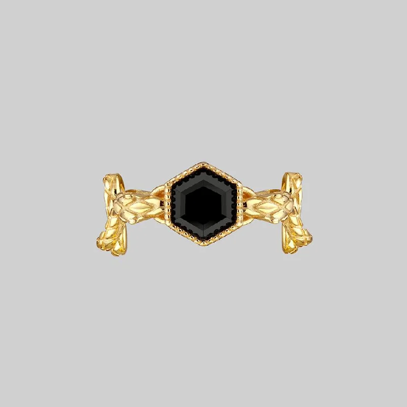 Chic Women's Rings for Fashion-Forward Looks-RELINQUISH. Snakes & Onyx Ring - Gold
