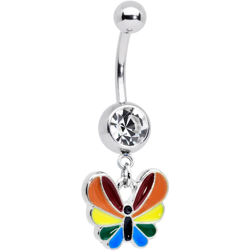 Belly Rings with Stylish Accents for Chic Fashion -Clear Gem Pride Rainbow Stripes Butterfly Dangle Belly Ring Belly Rings with Stylish Accents for Chic Fashion -Clear Gem Pride Rainbow Stripes Butterfly Dangle Belly Ring