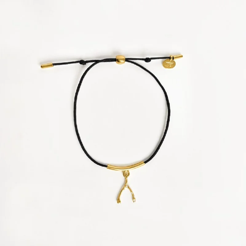 Crystal-Studded Bangles for Women-Wishbone String Bracelet (Black) - Gold