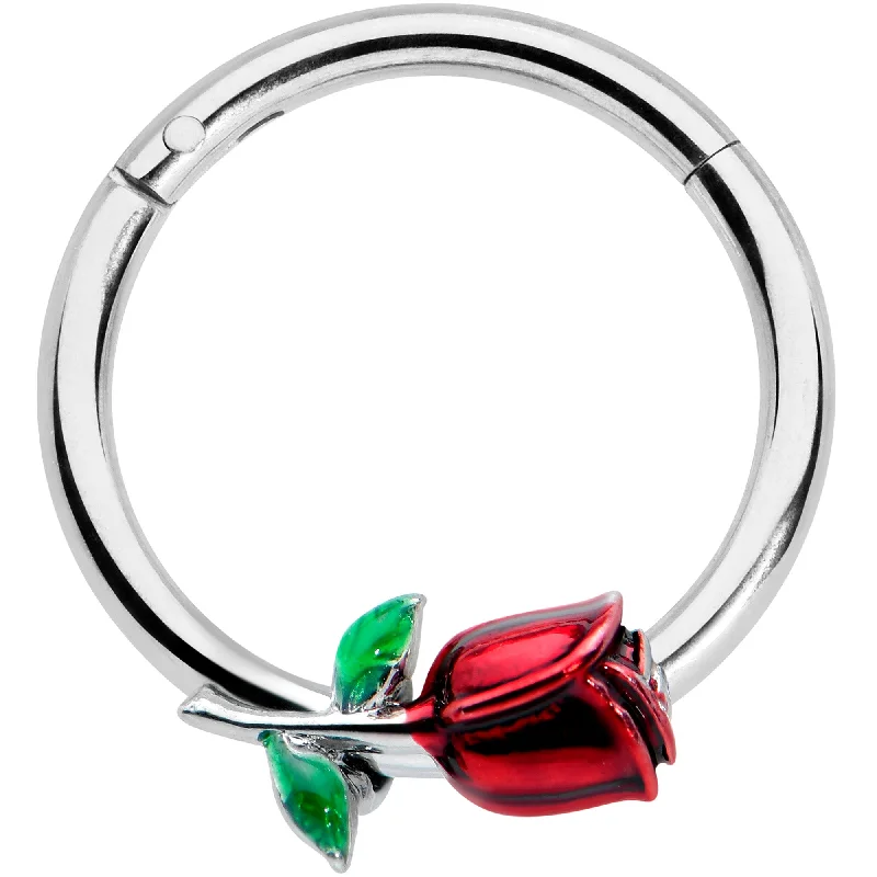 Nose Rings with Oval Shape -16 Gauge 3/8 Red Rose Flower Valentines Day Hinged Segment Ring Nose Rings with Oval Shape -16 Gauge 3/8 Red Rose Flower Valentines Day Hinged Segment Ring