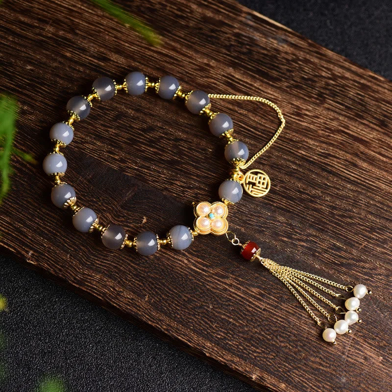 Women's Bangles with Crystal Stones-Buddha Stones Natural Gray Agate Fu Character Pearl Tassel Balance Bracelet Women's Bangles with Crystal Stones-Buddha Stones Natural Gray Agate Fu Character Pearl Tassel Balance Bracelet