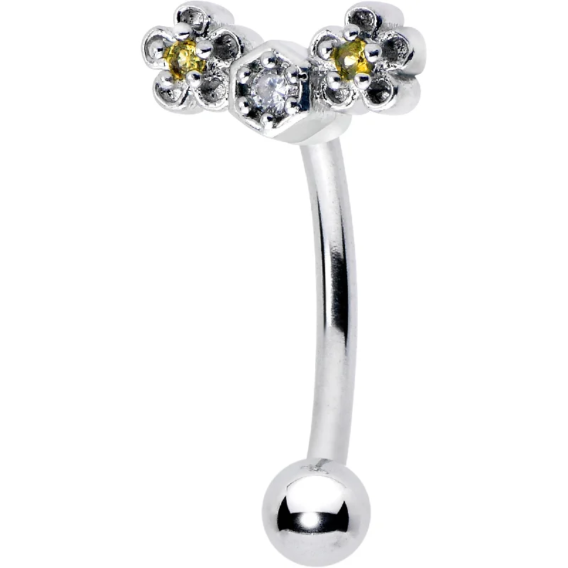 Women's Earrings – Elegant Designs for Every Personality--16 Gauge 5/16 Yellow CZ Gem Flower Honeycomb Curved Eyebrow Ring