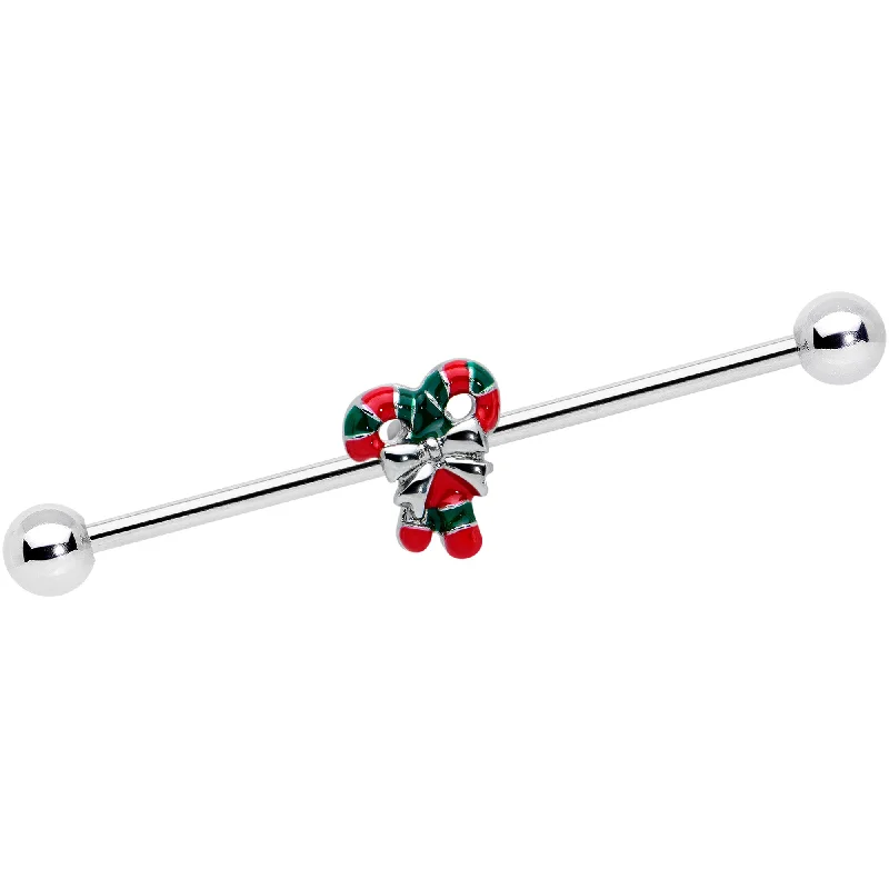 Women's Earrings – Elegant Designs for Every Personality--14 Gauge Pair of Candy Canes Christmas Industrial Barbell 38mm