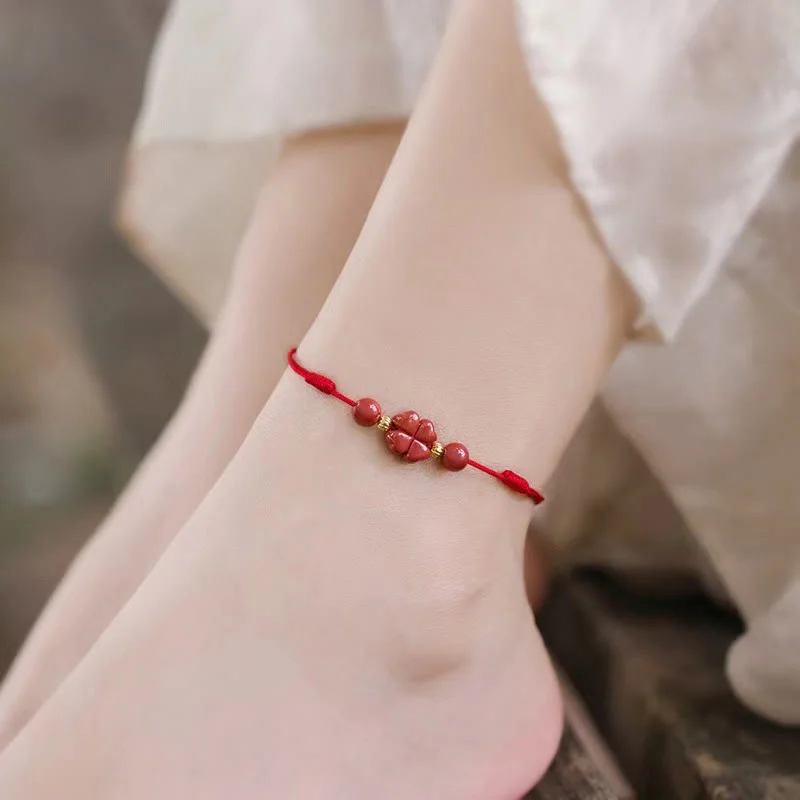 Stunning Anklets for Modern Fashion-Buddha Stones Cinnabar Four Leaf Clover Blessing String Rope Anklet Stunning Anklets for Modern Fashion-Buddha Stones Cinnabar Four Leaf Clover Blessing String Rope Anklet