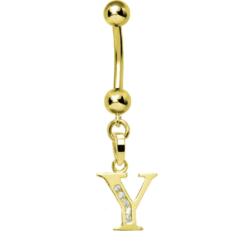 Chic Belly Rings for Stylish Looks -16 Gauge Solid 14kt Yellow Gold CZ Initial Y Belly Ring Chic Belly Rings for Stylish Looks -16 Gauge Solid 14kt Yellow Gold CZ Initial Y Belly Ring