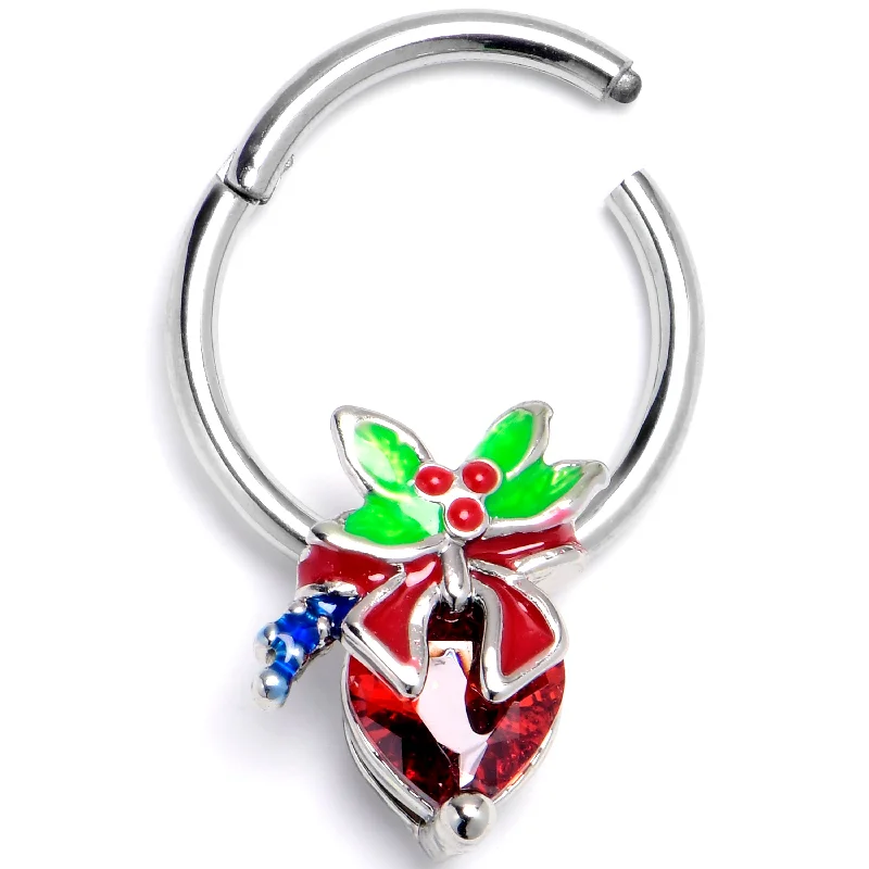Statement Nose Rings with Elegant Accents -16 Gauge 3/8 Red Gem Festive Holiday Ornament Hinged Segment Ring