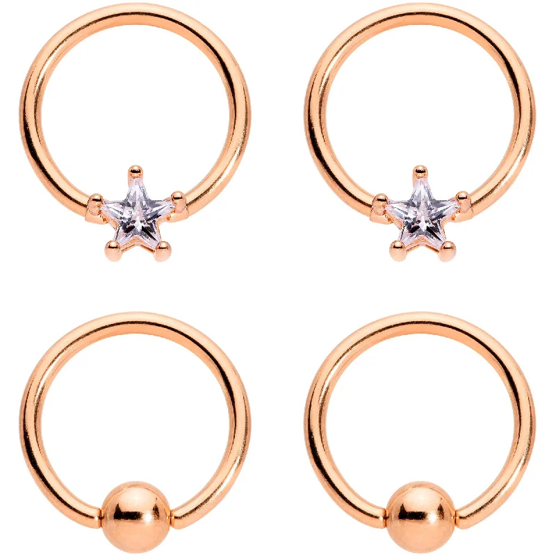 Classic Lip Rings with Stylish Charm14 Gauge Clear Star CZ Gem Rose Gold Tone Captive Nipple Ring Set of 4 Classic Lip Rings with Stylish Charm14 Gauge Clear Star CZ Gem Rose Gold Tone Captive Nipple Ring Set of 4