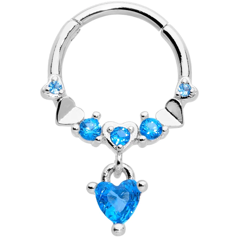 Women's Earrings – Elegant Designs for Every Personality--16 Gauge 3/8 Aqua CZ Gem Love Heart Dangle Hinged Segment Ring