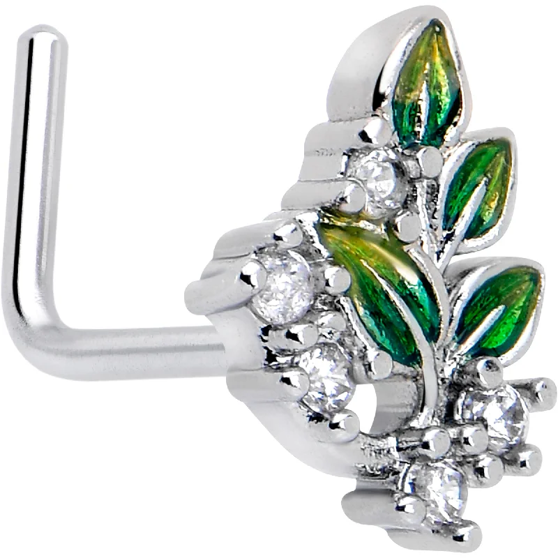Nose Rings for Classic Looks -20 Gauge 7mm Clear CZ Gem Morning Leaves L Shape Nose Ring Nose Rings for Classic Looks -20 Gauge 7mm Clear CZ Gem Morning Leaves L Shape Nose Ring