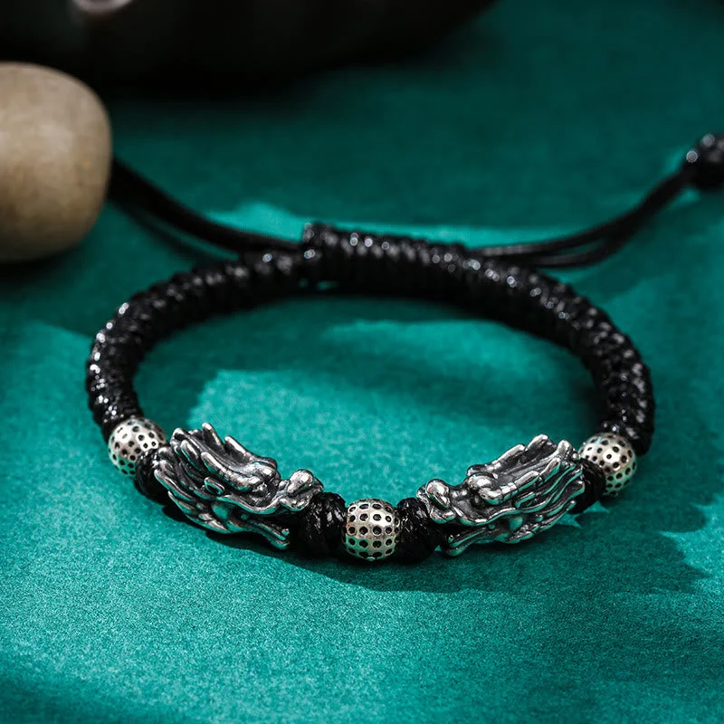 Fashion Bangles for Women with Charms-Buddha Stones 999 Sterling Silver Double Dragon Luck Handmade Braided Bracelet Fashion Bangles for Women with Charms-Buddha Stones 999 Sterling Silver Double Dragon Luck Handmade Braided Bracelet