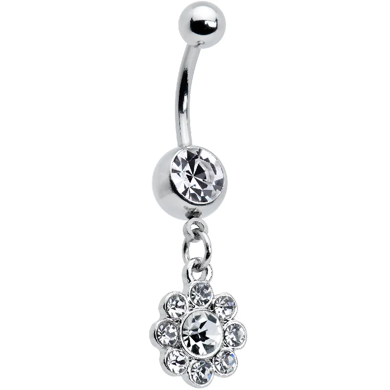 Trendy Belly Rings with Modern Touch -Clear Gem Whimsy Flower Dangle Belly Ring