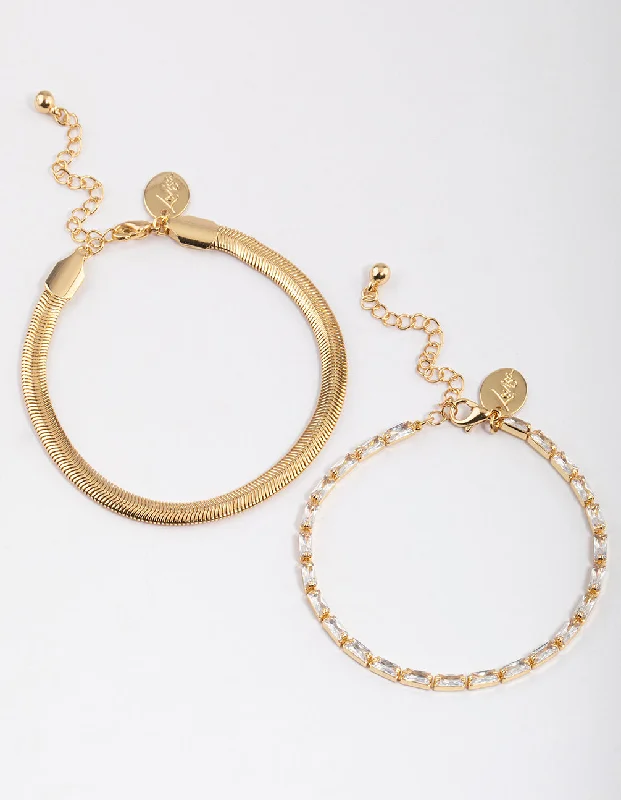 Stylish Gold and Silver Bangles for Women-Gold Plated Cubic Zirconia Snake Chain & Baguette Tennis Bracelet Pack