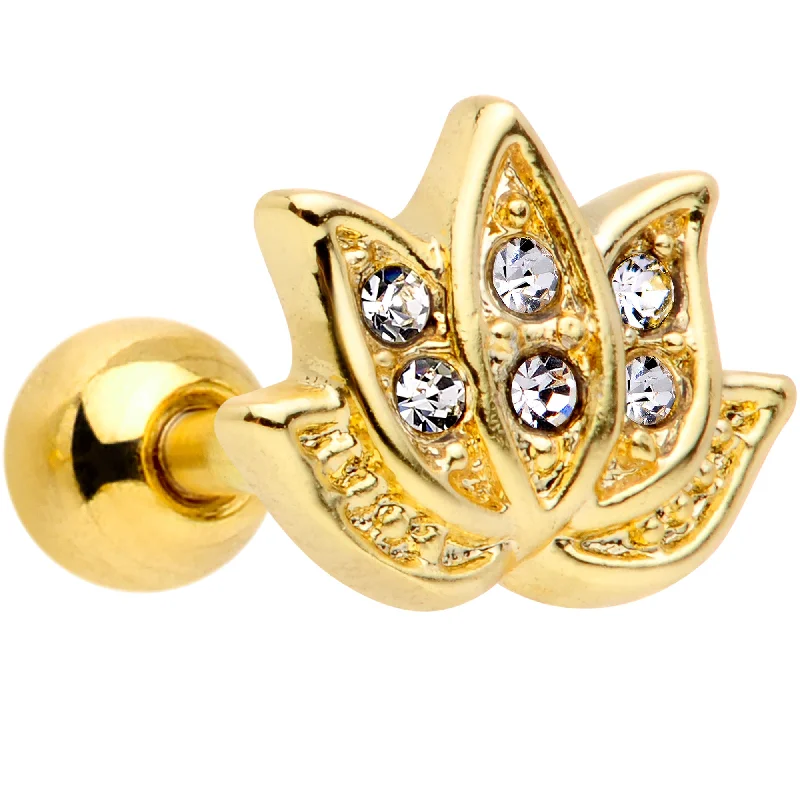 Women's Earrings – Elegant Designs for Every Personality--16 Gauge 1/4 Clear Gem Gold Tone Lotus Flower Cartilage Tragus Earring Women's Earrings – Elegant Designs for Every Personality--16 Gauge 1/4 Clear Gem Gold Tone Lotus Flower Cartilage Tragus Earring